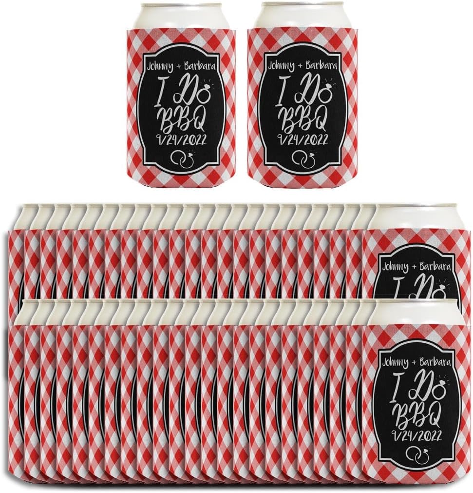 I Do BBQ Wedding Favors Custom Text Save-the-Dates 48-pack Customized Can Coolies Drink Coolers Red