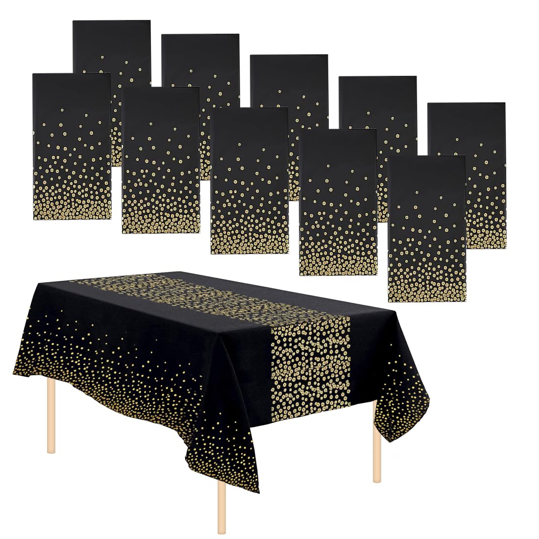 10 Packs Party Tablecloths Disposable Table Cloths Covers Wipeable Plastic Tablecloth Waterproof Table Decoration for Indoor Outdoor Birthdays Weddings Christmas (Black Gold with Runner Printed)
