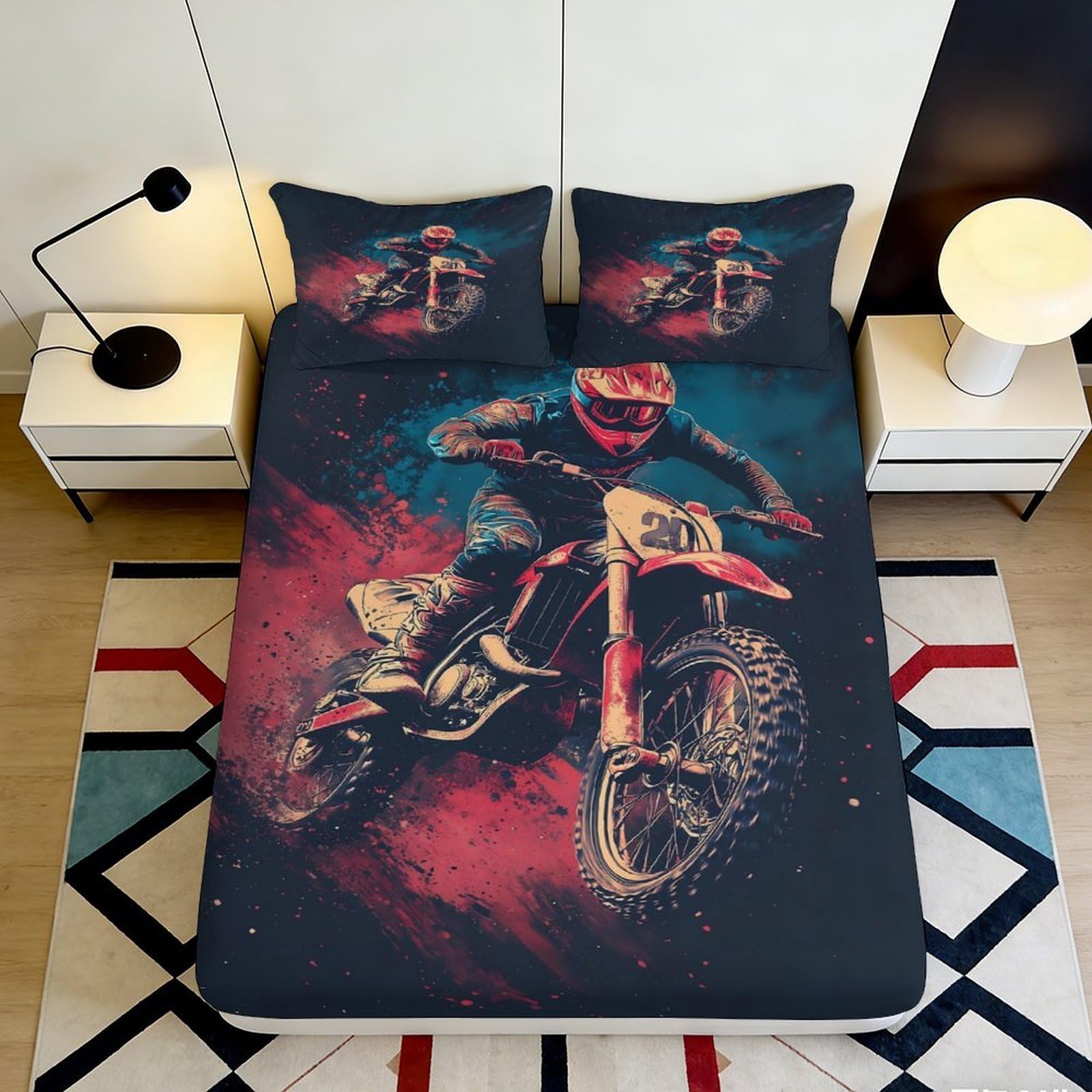 3D Printed Dirt Bike Fitted Sheet Microfiber Durable Breathable Motocross Bed Cover for Bedroom Dorm Dormitory Guest Room Protection 140x200x25cm