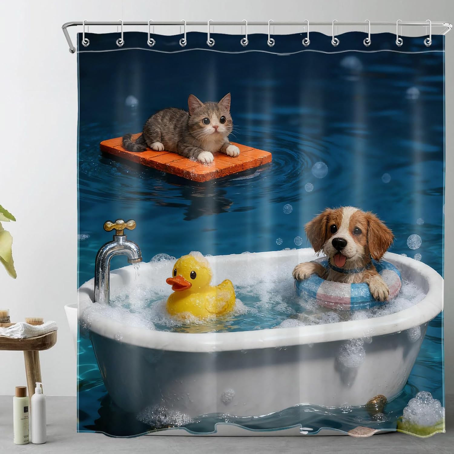 Funny Cat Shower Curtain, Cute Dog on Toilet, 72x72 Inch