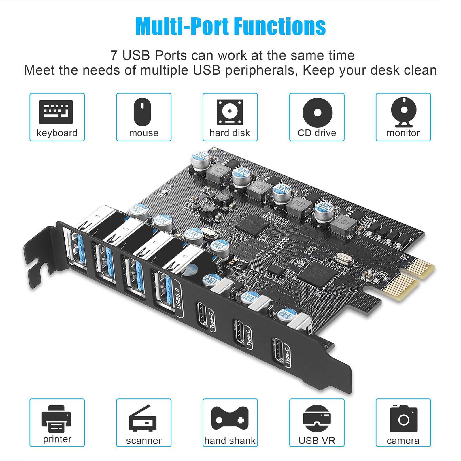 Carte PCIe USB 3.1 en métal offrant 4 A et 3 ports de type C Vitesse 20 Gbit/s pour une transmission de données haute performance PCIe vers adaptateur