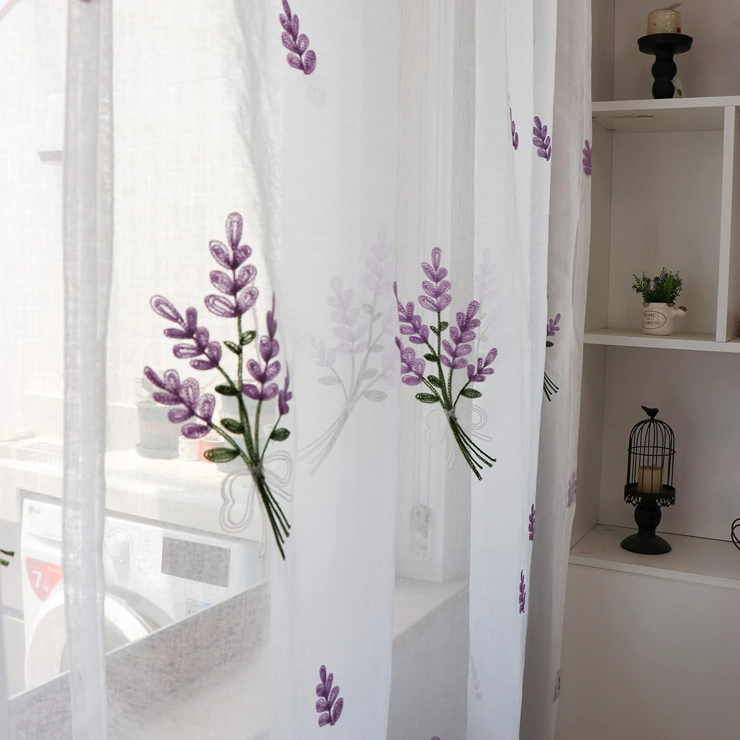 SLOW SOUL Set of 2 Panels Lavender Purple Flower Sheer Curtains Faux Linen Semi Sheer Window Curtains Drapes for Bedroom Living Room Rod Pocket Curtains 56W X 96L inch