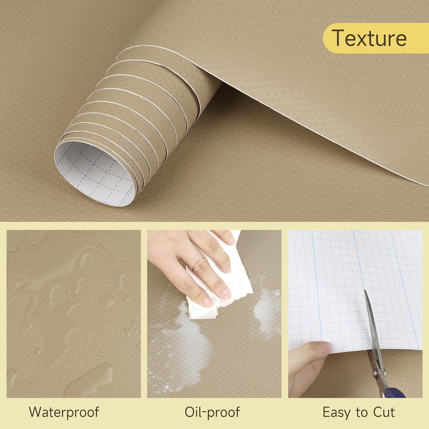 WochiTV Adhesive Shelf Liner 30 X 120 Inches Peel and Stick Kitchen Liner for Cabinets, Drawers Removable Protector Mat Waterproof Contact Covering for Dresser Pantry Countertops Shelves, Khaki