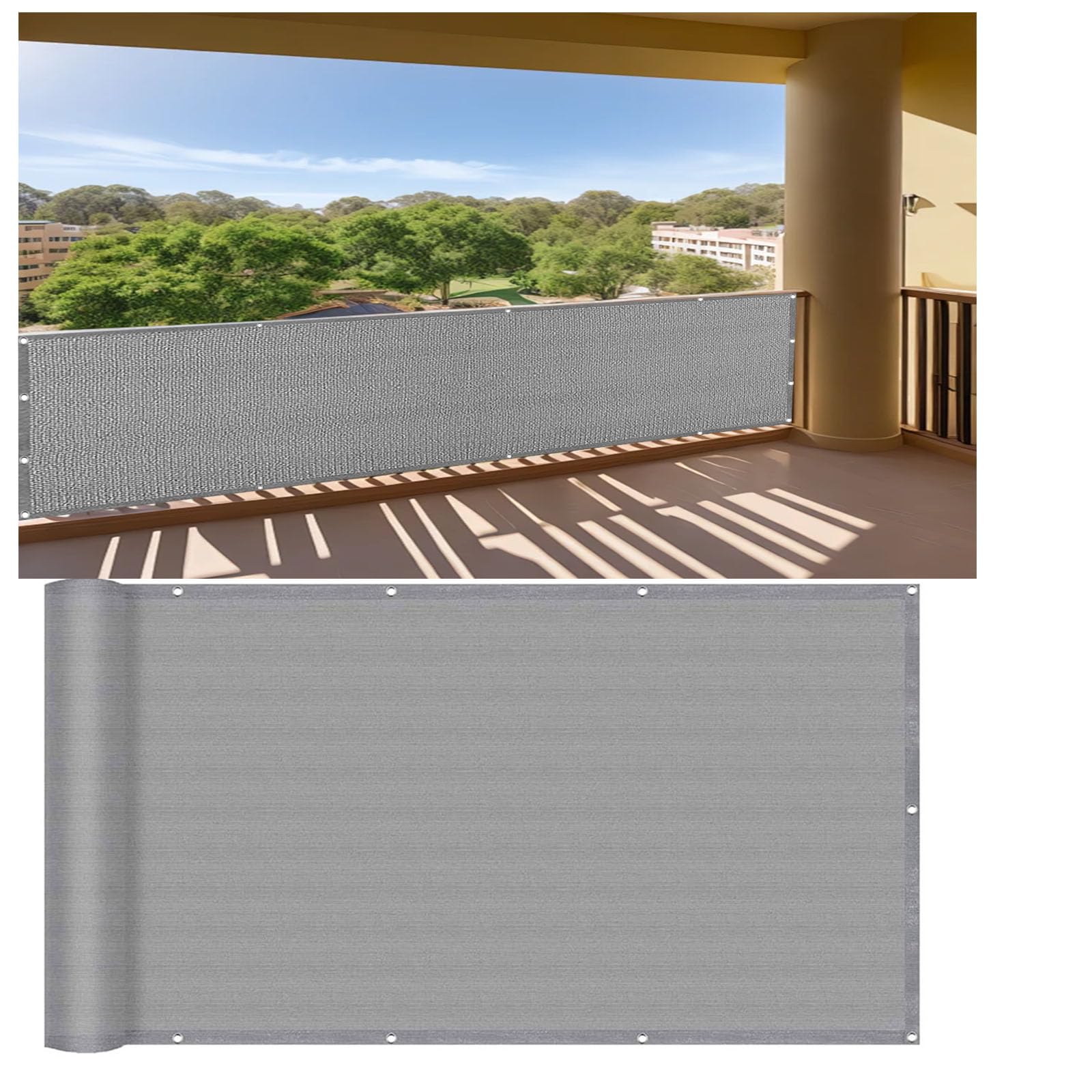 Brise-vent opaque pour balcon gris 135x700 cm avec oeillets de fixation