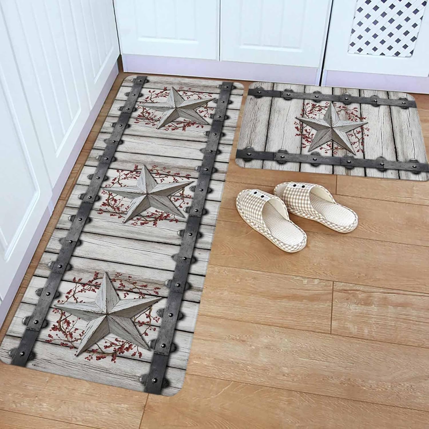 Texas Star Retro Kitchen Rugs and Mats Set of 2, Non-Slip Kitchen Sink Mat, Brown Wooden Vintage Berry Washable Doormat Bathroom Rugs Runner for Bedroom/Living Room 19.7"x31.5"+19.7"x47.2"