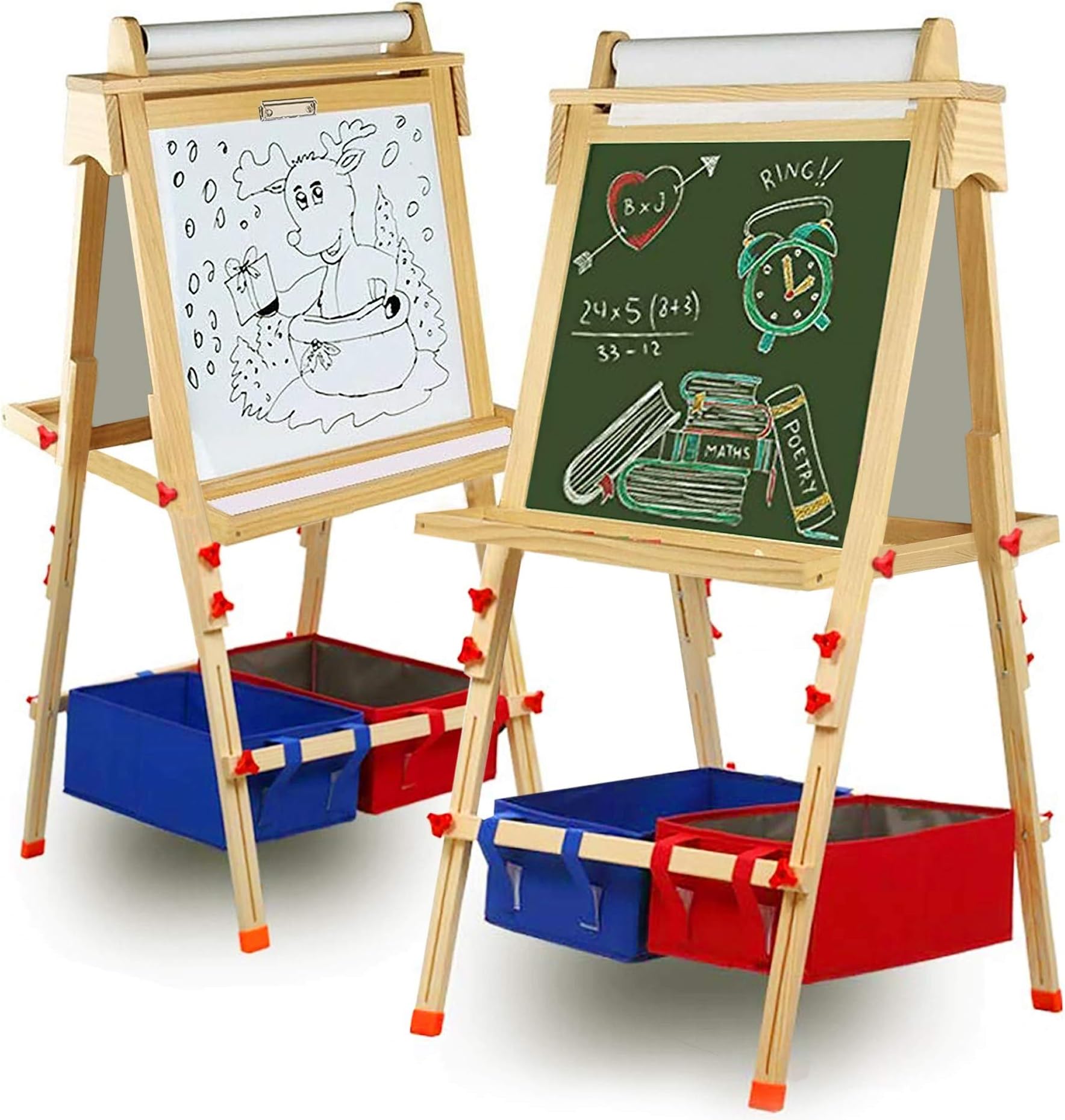 Kid's Art Easel with Paper Roll and Accessories, Height Adjustable, Double Sided Magnetic Whiteboard & Chalkboard, The Ultimate All-in-One Wooden Kid's Art Easel, Young Artist Easel