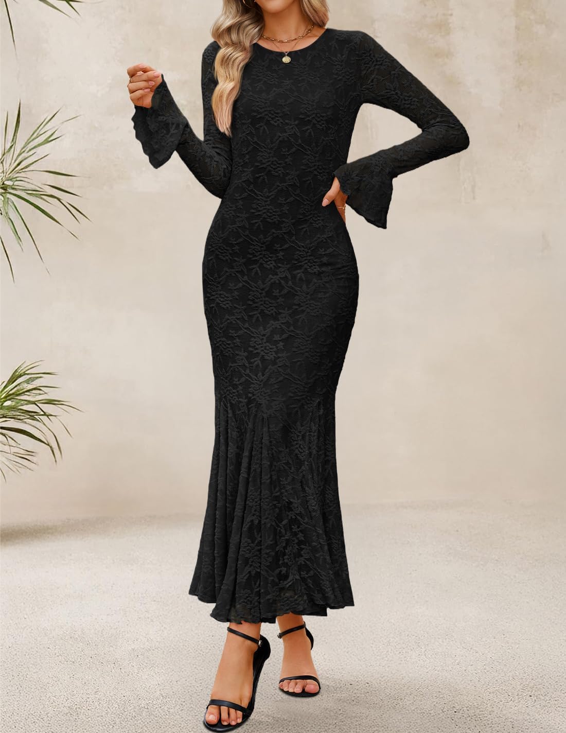 ZESICA Women's Long Sleeve Bodycon Maxi Dress 2026 Fall Fashion Floral Sexy Mermaid Wedding Guest Cocktail Party Dresses - Image 2