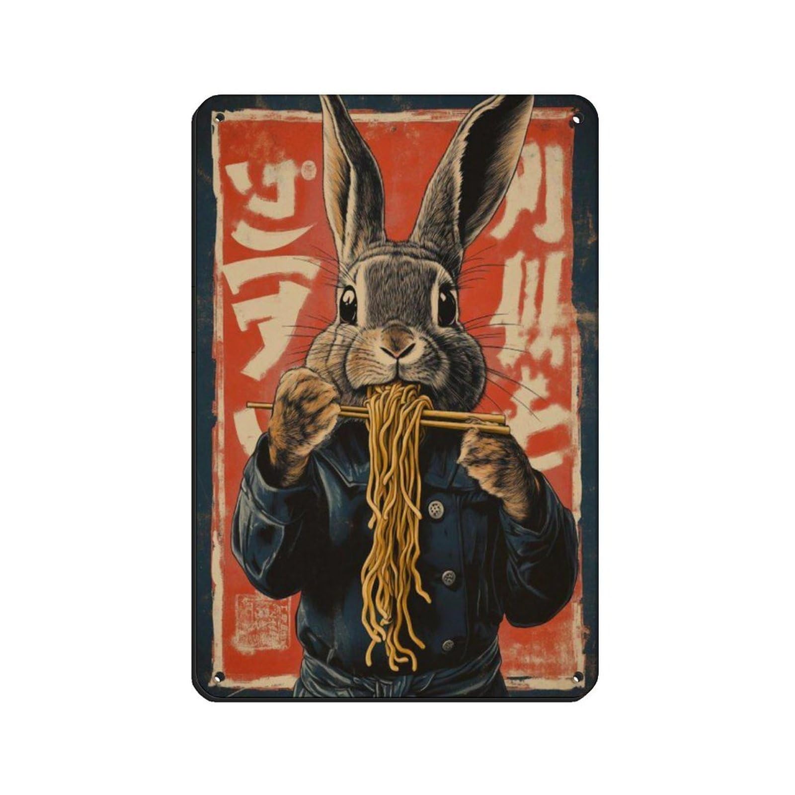 Lxwnze 20L X 30W Cm Cute Rabbit Eating Noodles Poster, Tin Sign Vintage Metal Pub Club Cafe Bar Home Wall Art Decoration Poster Retro 8X12inch(20X30cm)