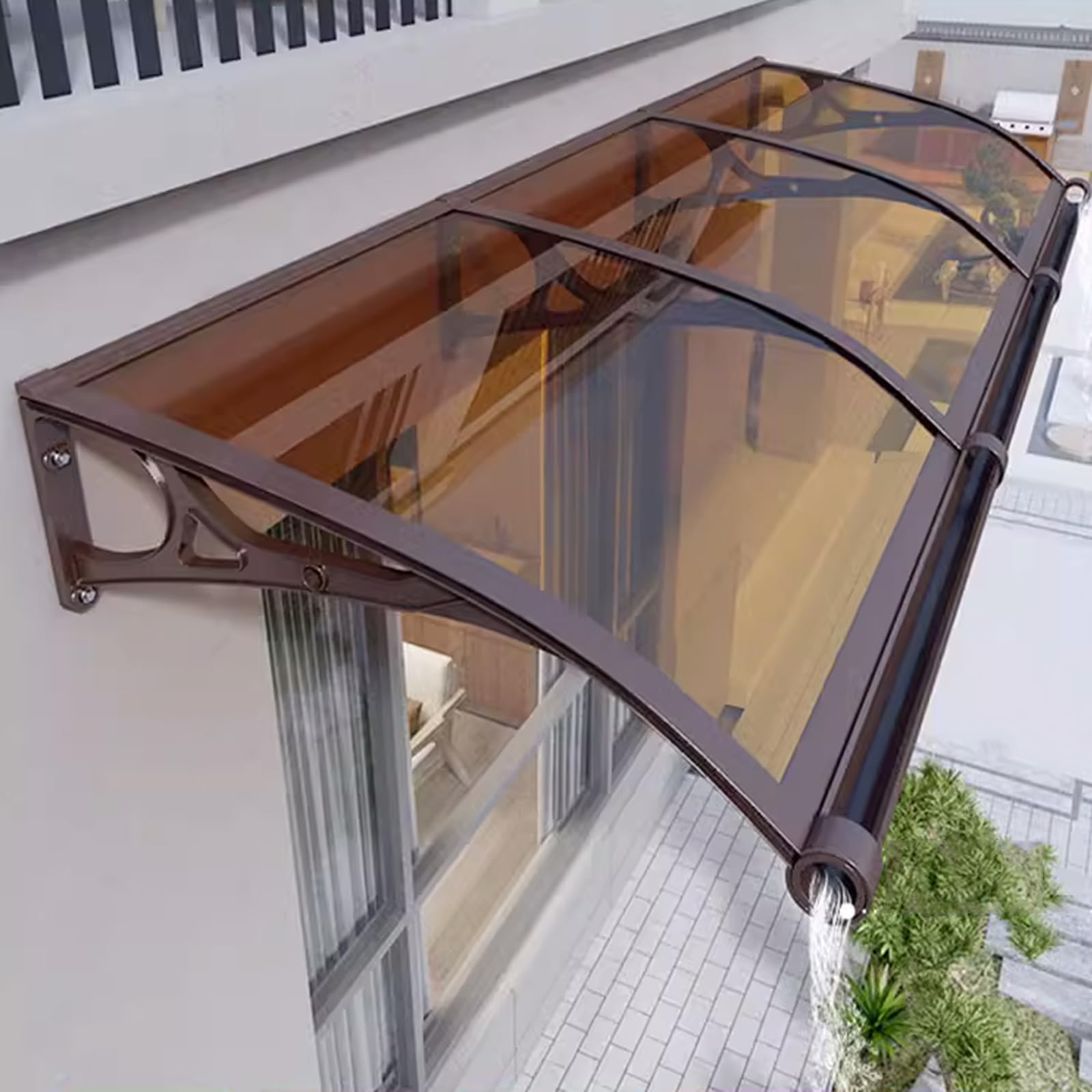 Kufu01 Brown Curved Front Door Canopy Awning Rain Shelter,Window Garden Canopy Patio Porch Awning,Width 60/80/100/120Cm,Roofing Canopies With Polycarbonate Board And Aluminium Frame (60X120cm/24"X47")