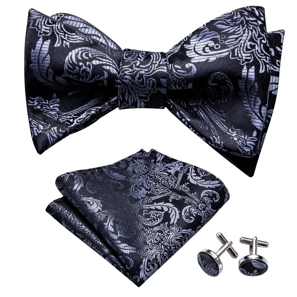XWWDP Bow Tie for Men Silk Butterfly Man Tie Black Floral Paisley Handky Cufflink Suit Collar Removable Necktie (Color : As Shown, Size : One Size)