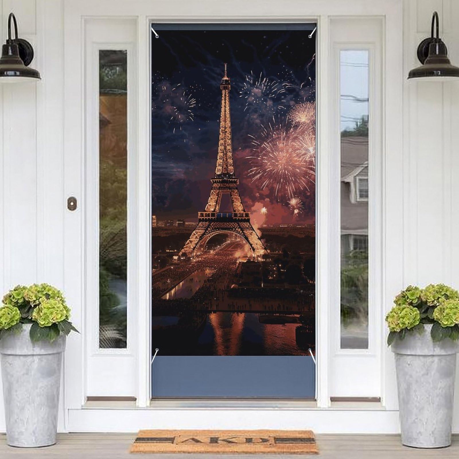KLOPH Door Cover Decoration Welcome DoorBanner Porch Sign Photo Background Door Curtains for Doorway Privacy Window Curtain Eiffel Tower Fireworks Porch Cover Indoor Outdoor Decor 70.9x35.4in