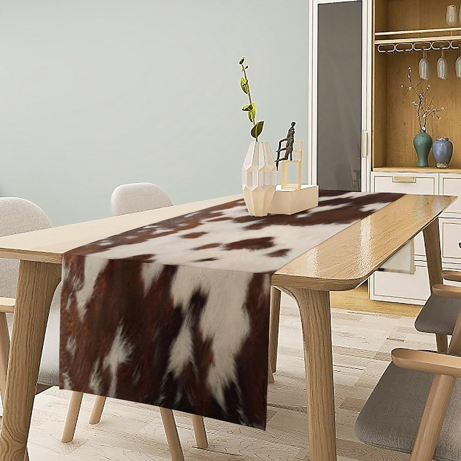 Cow Print Table Runner, Rustic Country Farmhouse Animal Fur Skin Western Farm Brown Cowhide Print Dinner Runner for Home Kitchen Dining Table Decoration 13"x120"