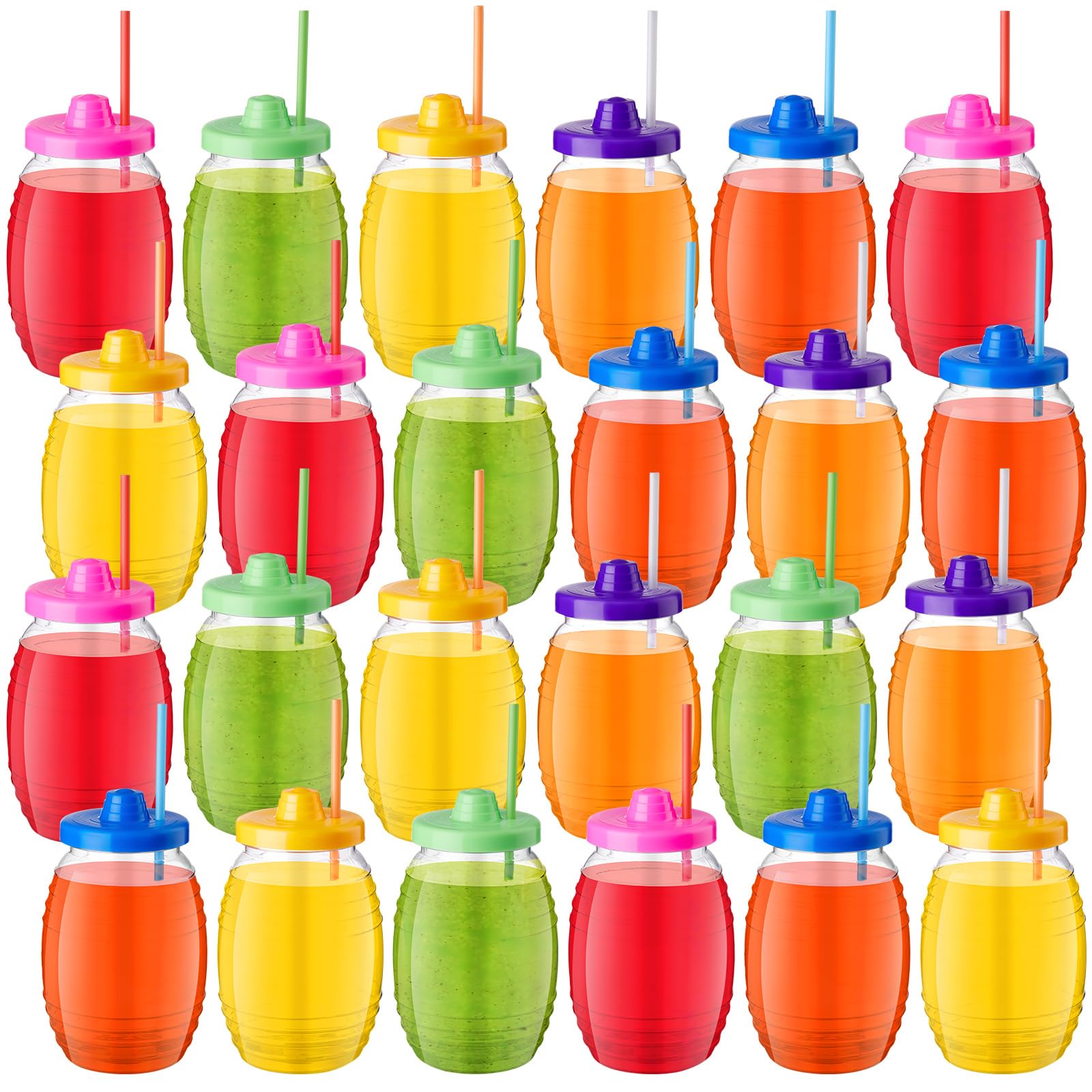 Photo 1 of [Missing Straws] Wonderjune 24 Pcs Mexican Mini Plastic Barrel 32oz Vitroleros Cups with Straw and Lid Mexican Jars in Assorted Colors for BBQ Party Fiesta Party Decorations