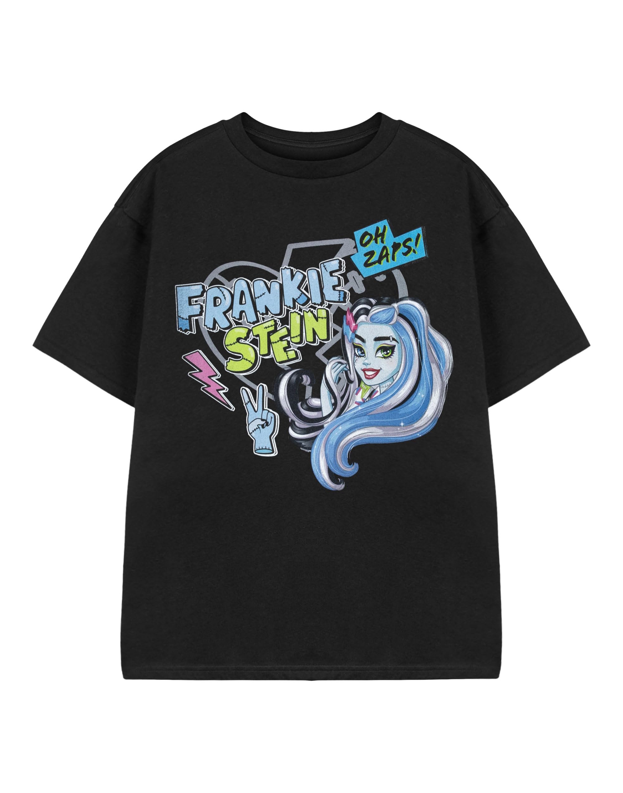 Monster High Girls Frankiestein Frankie Stein Black T-Shirt | Oh Zaps! Graphic Tee For | Short Sleeve Cartoon Top | Classic Frankie Apparel | Mh Character Merch - 13-14 Years