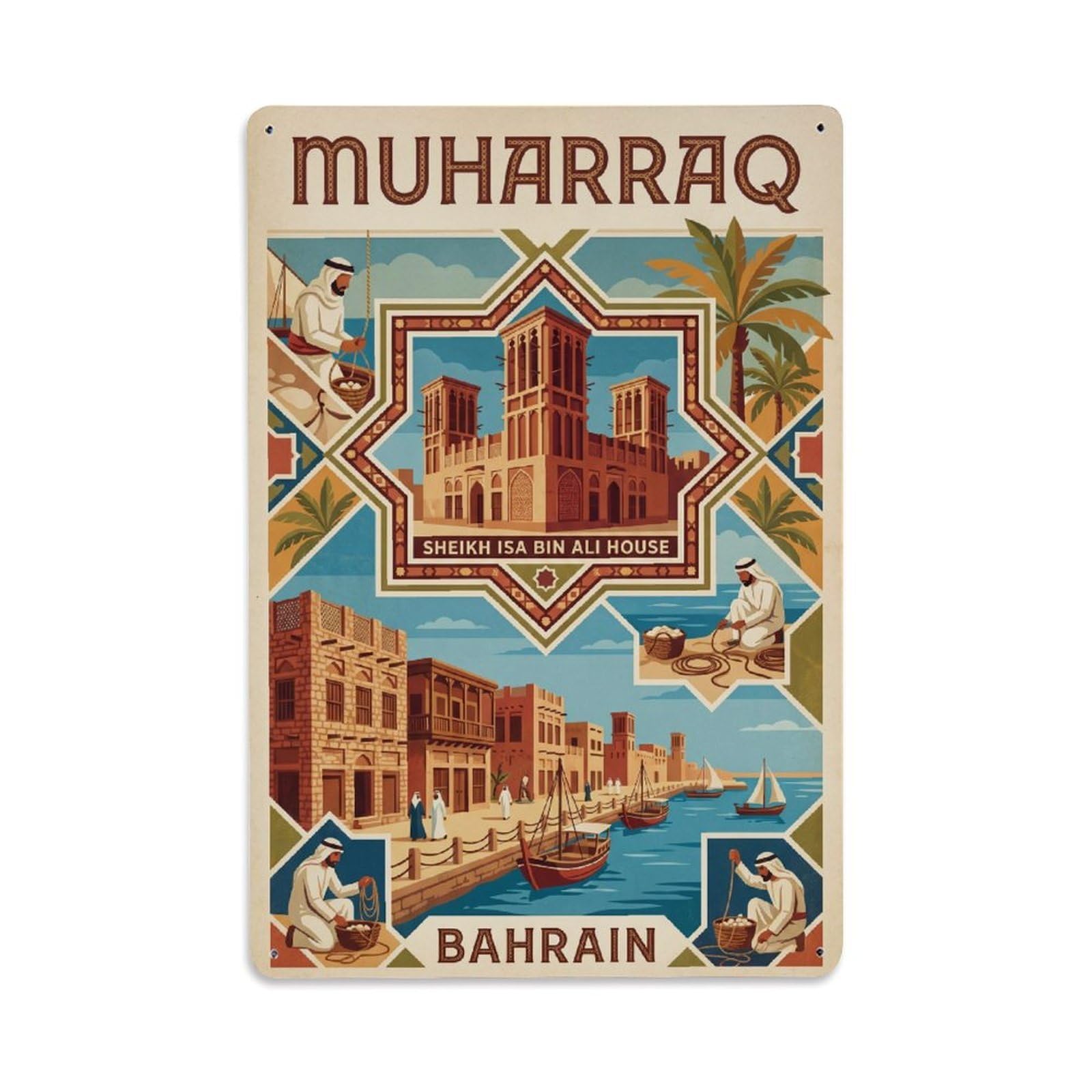 Travel Retro Bahrain Muharraq Metal Tin Sign Plaque Wall Decor for Cafe, Club Bar, Office, Garden Metal Poster 8x12Inch