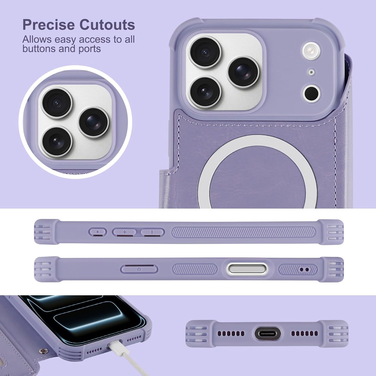 VANAVAGY Compatible for iPhone 17 Pro Max Wallet Case for Magsafe Wireless Charging, PU Leather Flip Folio Shockproof Phone Cover with Wristlet RFID Blocking Card Holder Screen Protector,Clove Purple