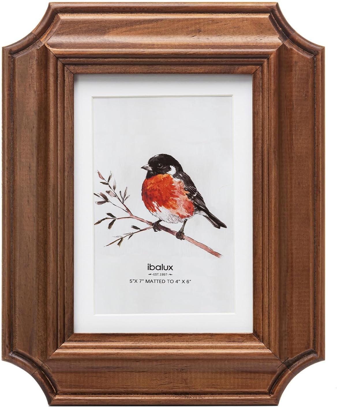 5x7 Octagonal Picture Frame Pine, Walnut-Colored Wood with Real Glass, Matted to 4x6, Vertical and Horizontal for Tabletop or Wall Hanging Display Photo Frame
