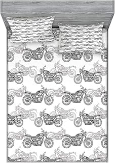 Ambesonne Motorcycle Fitted Sheet & Pillow Sham Set, Realistic Grayscale Illustration of Classic Motorcycles Many Details, Decorative Printed 3 Piece Bedding Decor Set, King, White and Grey