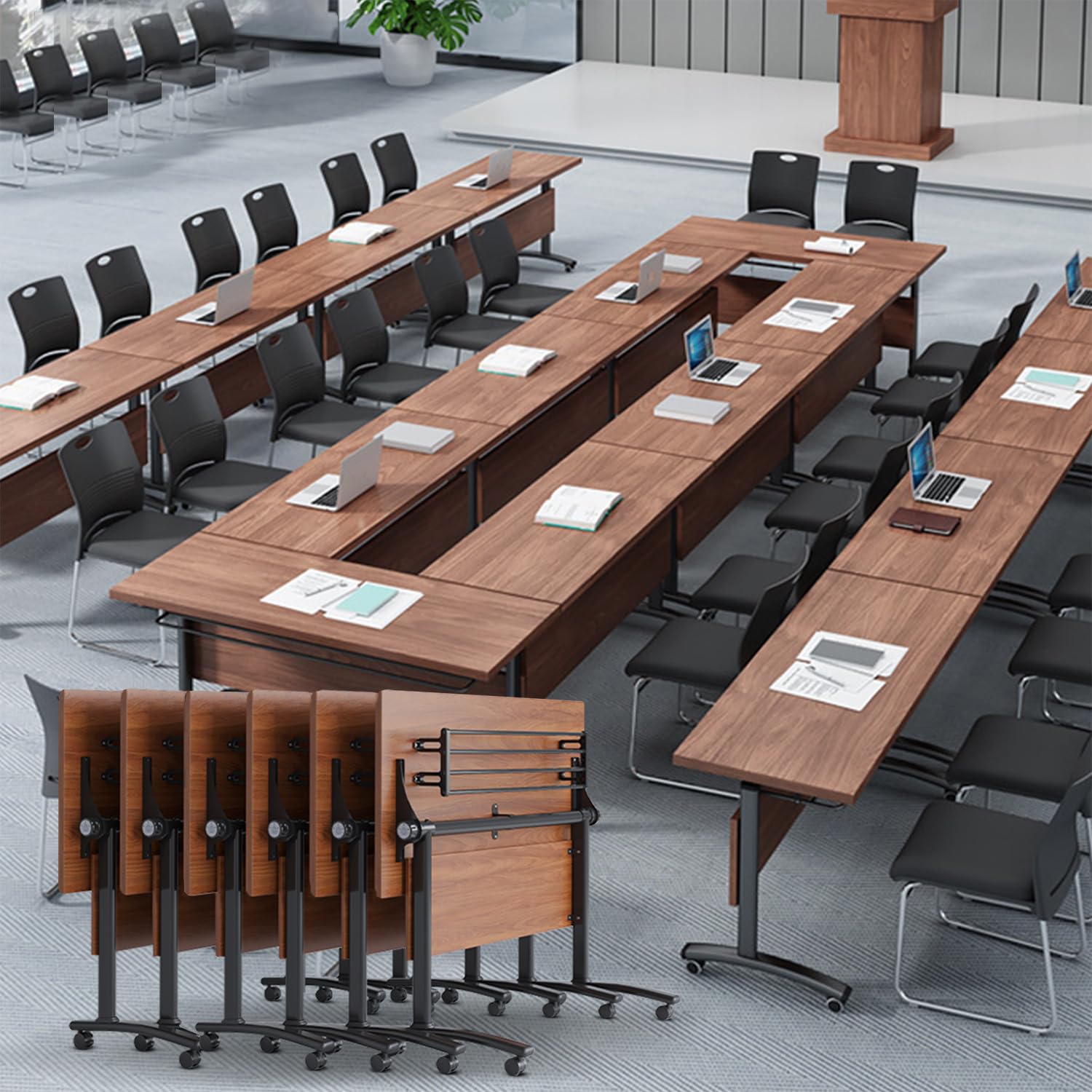 - Folding Conference Tables,55"Flip Top Mobile Conference Room Tables/Podcast Tables,Modern Seminar Training Table With Silent Wheels,Rolling Meeting Table for Office Boardroom Desk (walnut, 4 Pack)