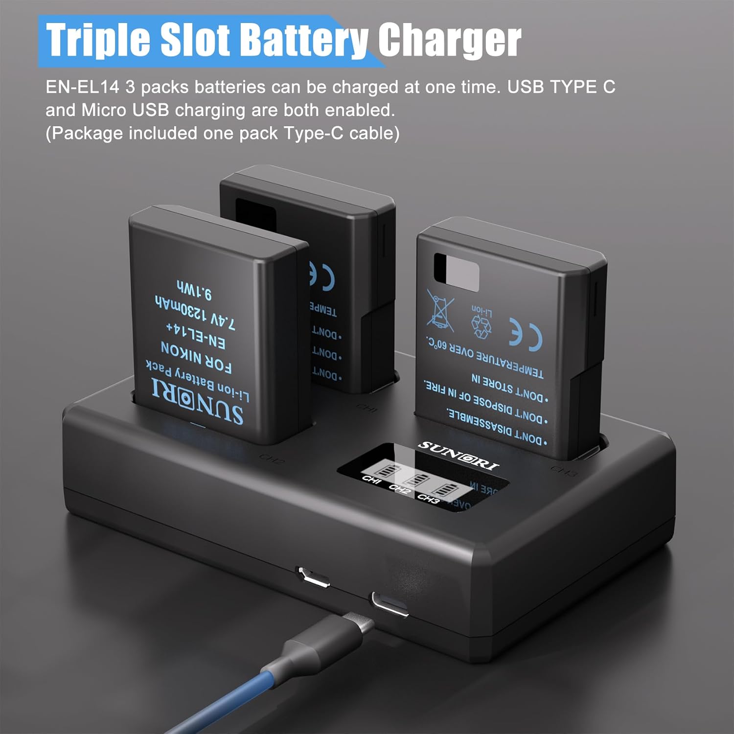 3-Pack EN-EL14 EN-EL14A Battery Packs and LCD Triple Charger Compatible for Nikon D5600 D5500 D5300 D5200 D5100 D3500 D3400 D3300 D3200 D3100 Df Coolpix P7800 P7700 P7200 P7100 P7000 Cameras