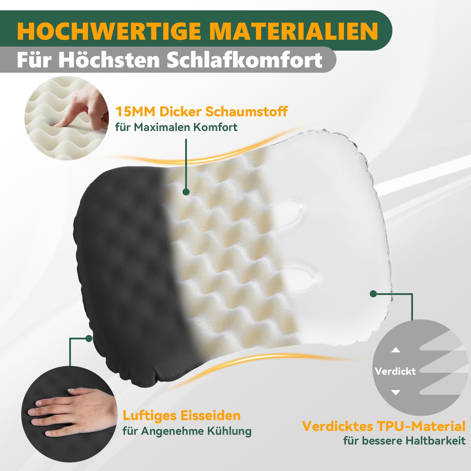 HIKENTURE Nadmuchiwana poduszka, poduszka kempingowa, ergonomiczna poduszka pod kark z pianki, poduszka pod głowę, poduszka kempingowa, poduszka podróżna, do użytku na zewnątrz, na plażę, do namiotu