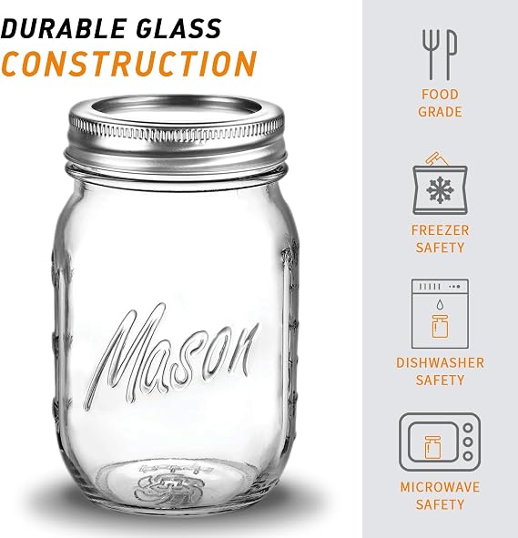 Classic 16 Oz Mason Jars, 6 Pack Canning Jars, Regular Mouth, Airtight & Leak Proof, Dishwasher Safe, Microwave & Freezer Safe, 3.2 x 4.5 x 5.5 inches