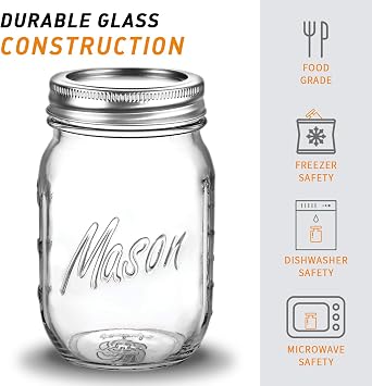 Classic 16 Oz Mason Jars, 6 Pack Canning Jars, Regular Mouth, Airtight & Leak Proof, Dishwasher Safe, Microwave & Freezer Safe, 3.2 x 4.5 x 5.5 inches