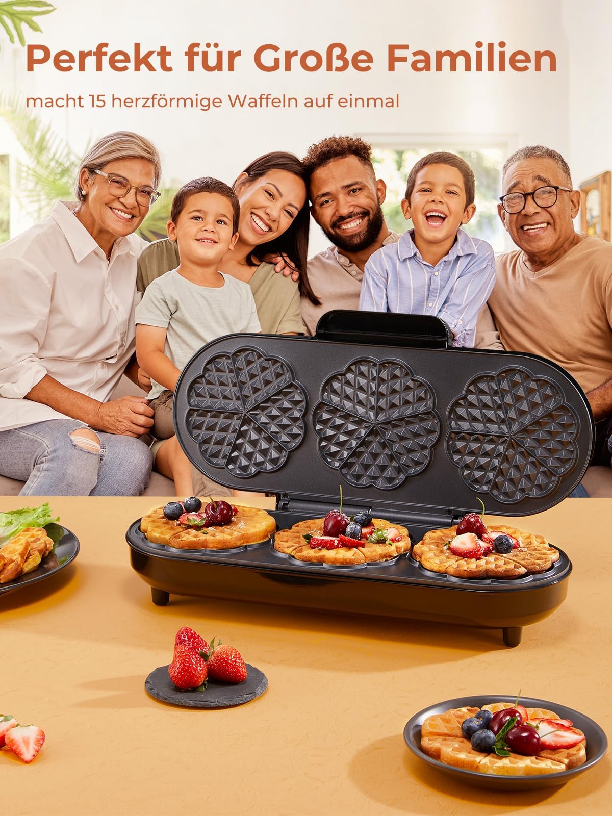FOHERE King Size Waffeleisen, 15 Herzwaffeln in 2 Minuten, Herzwaffeleisen mit 3 Antihaftbeschichteten Backflächen für klassische Herzwaffeln, Backampel, Edelstahl, ideal für Familie & Party (silbern)