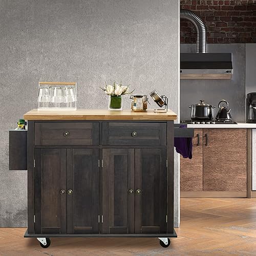 Miniatura 7 de NSdirect Carrito de isla de cocina, barra de cocina y carrito de servicio, ruedas con estante para especias, toallero, carrito de almacenamiento con