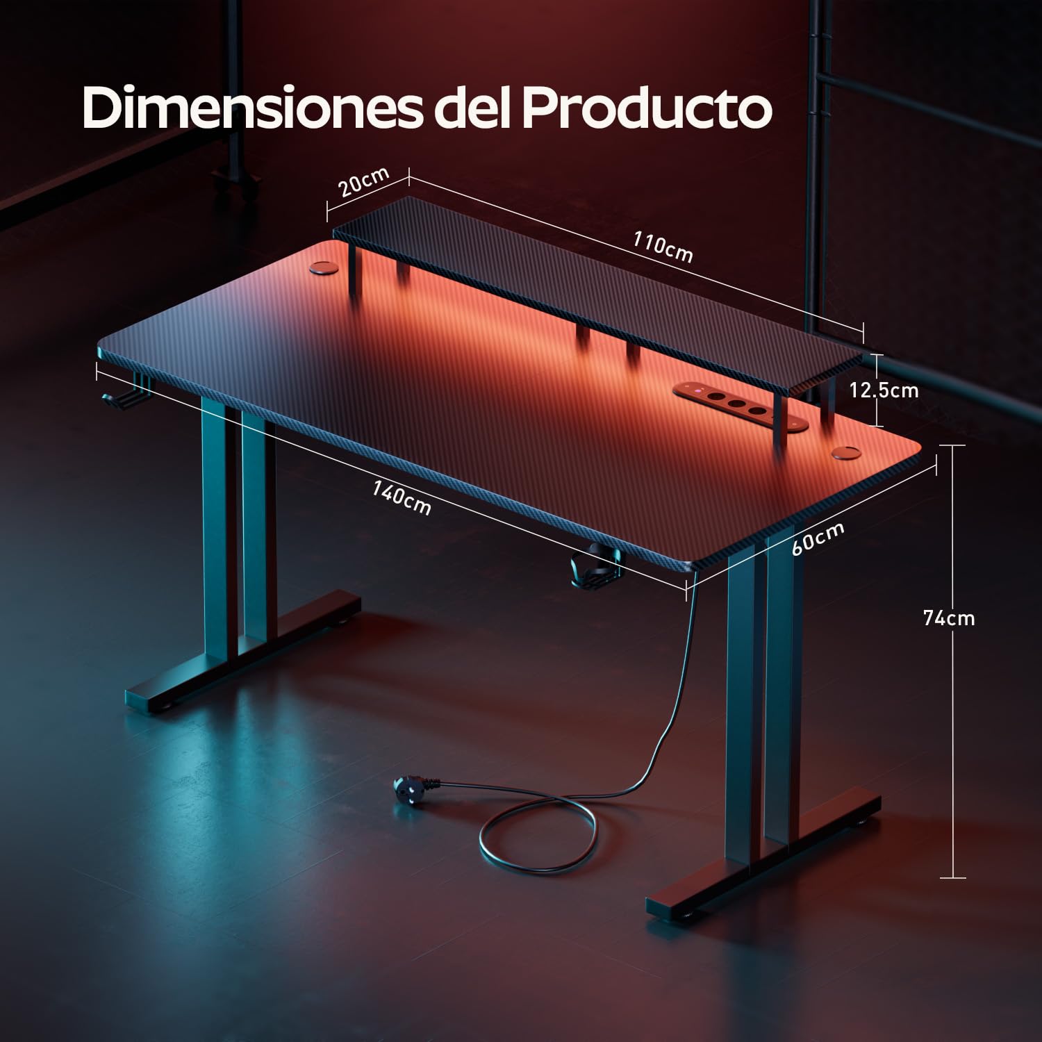 HLFURNIEU Mesa Gaming LED 140 x 60 cm, Escritorio Gaming con Enchufes & Puertos USB, Mesa Gamer con Soporte para Monitor, Portavasos y Gancho para Auriculares, Superficie de Fibra de Carbono, Negro
