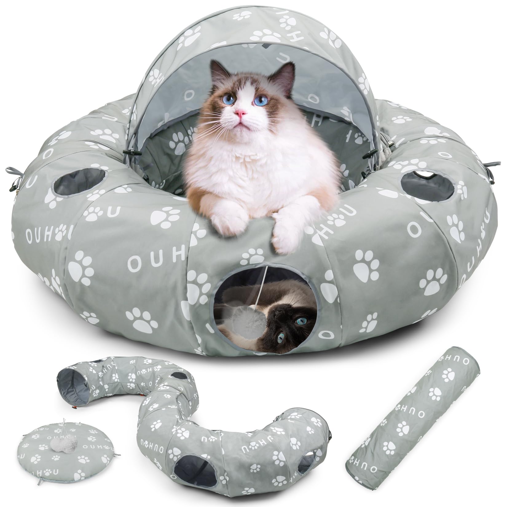 OUHOU Cat Tunnel Bed, Cat Tubes and Tunnels, Peekaboo Cat Cave Donut
