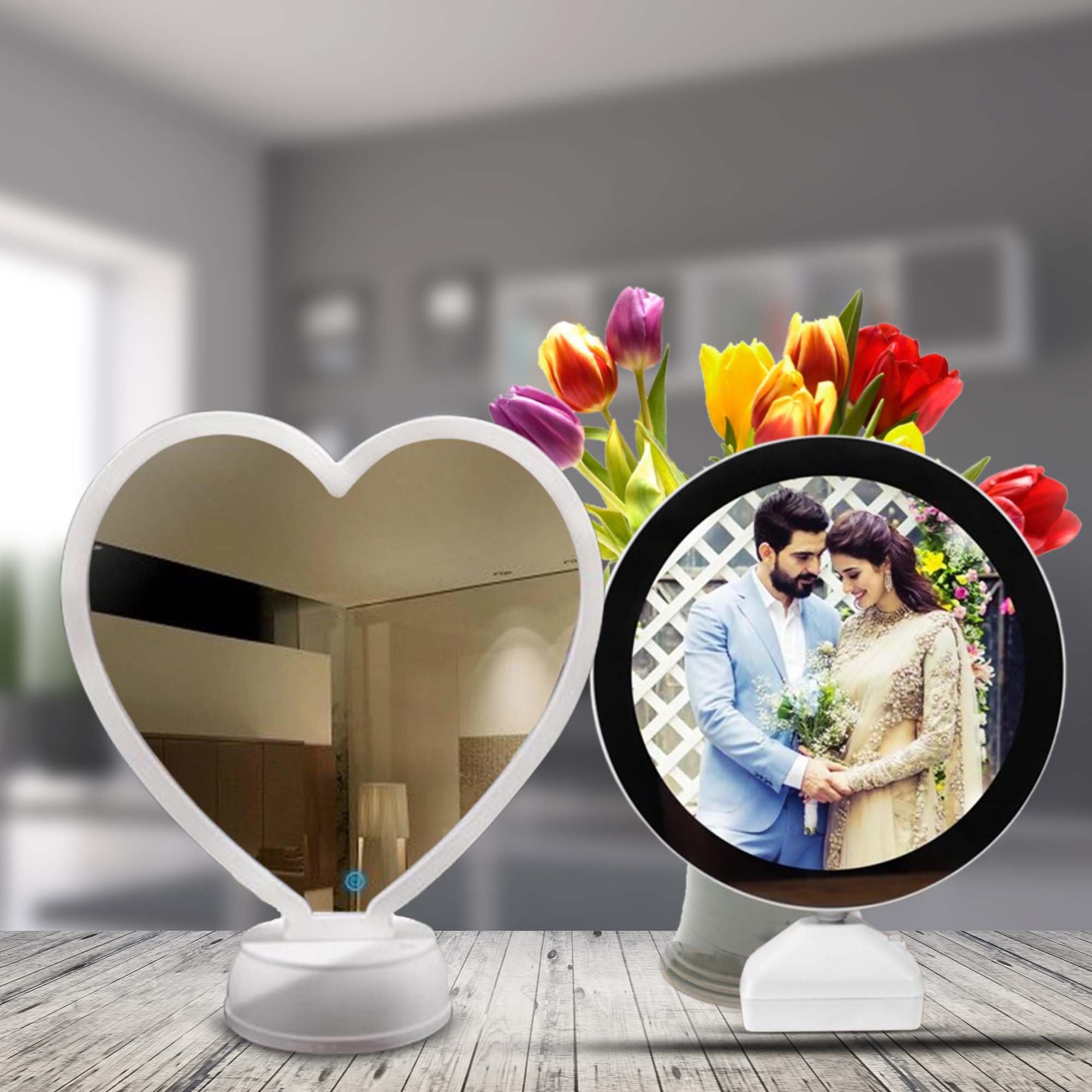 Motivate Box Magic Mirror Photo Frame With LED Light for Home Decore Gift For Valentines Day, Anniversary, Birthday. Plastic,Table Top,Mount,Round and Heart Shape(Pack of 2) : Amazon.in: Home & Kitchen