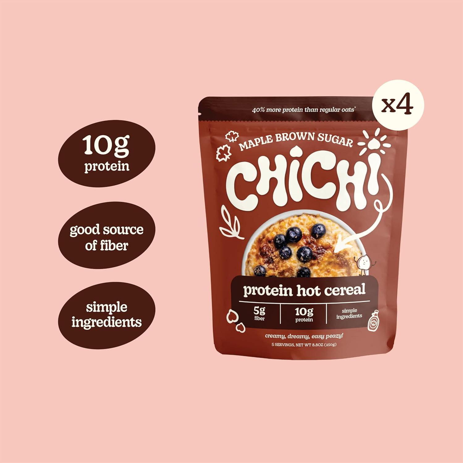 ChiChi – Protein Hot Cereal | Maple Brown Sugar (8.8 oz x 4 pouches, 20 servings) —Made with Chickpeas, Protein-packed (10g), High Fiber, Made with Simple Ingredients, Grain Free, Gluten Free, Vegan