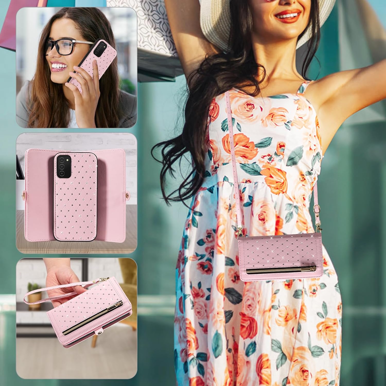 Phone Case for Samsung Galaxy A03s US Version 5G 2022 Zipper Wallet Detachable Cell Cover with Screen Protector Crossbody Strap Bling Flip Credit Card Holder Ao3s A 03s SM-A037U SM A037U Women Pink