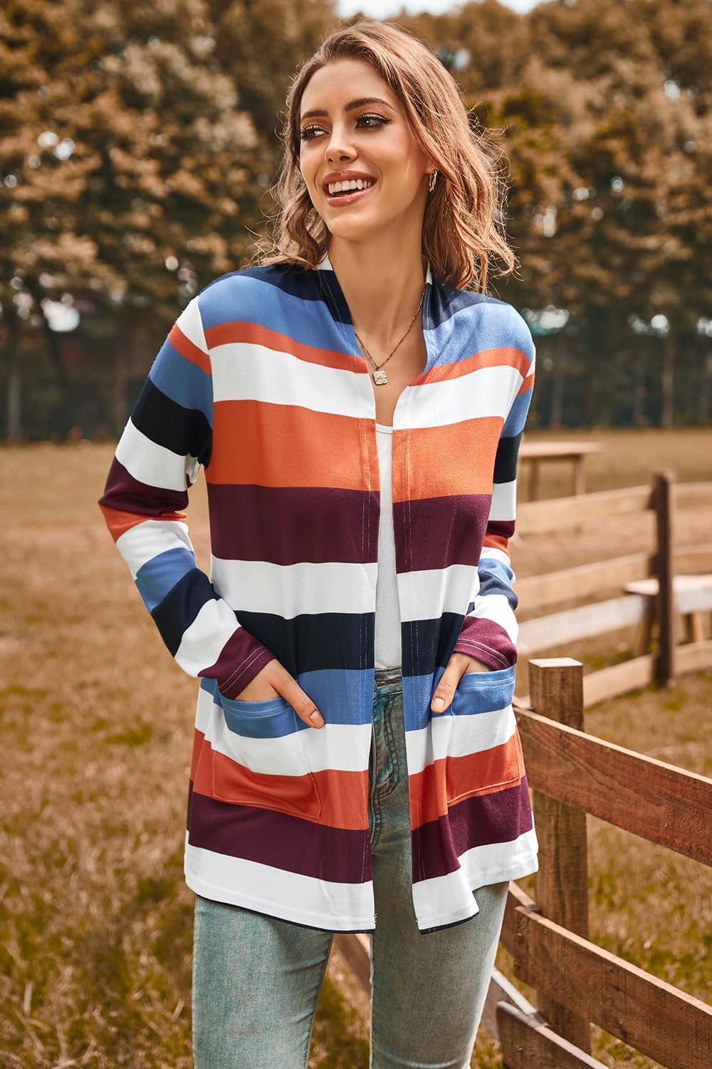 ULTRANICE Cardigan Sweaters Womens Fashion 2024 Trendy Lightweight Long Sleeve Casual Knitted Cardigans Sweater Tops Clothes Outfits with Pockets(Stitching B,S) - Image 3