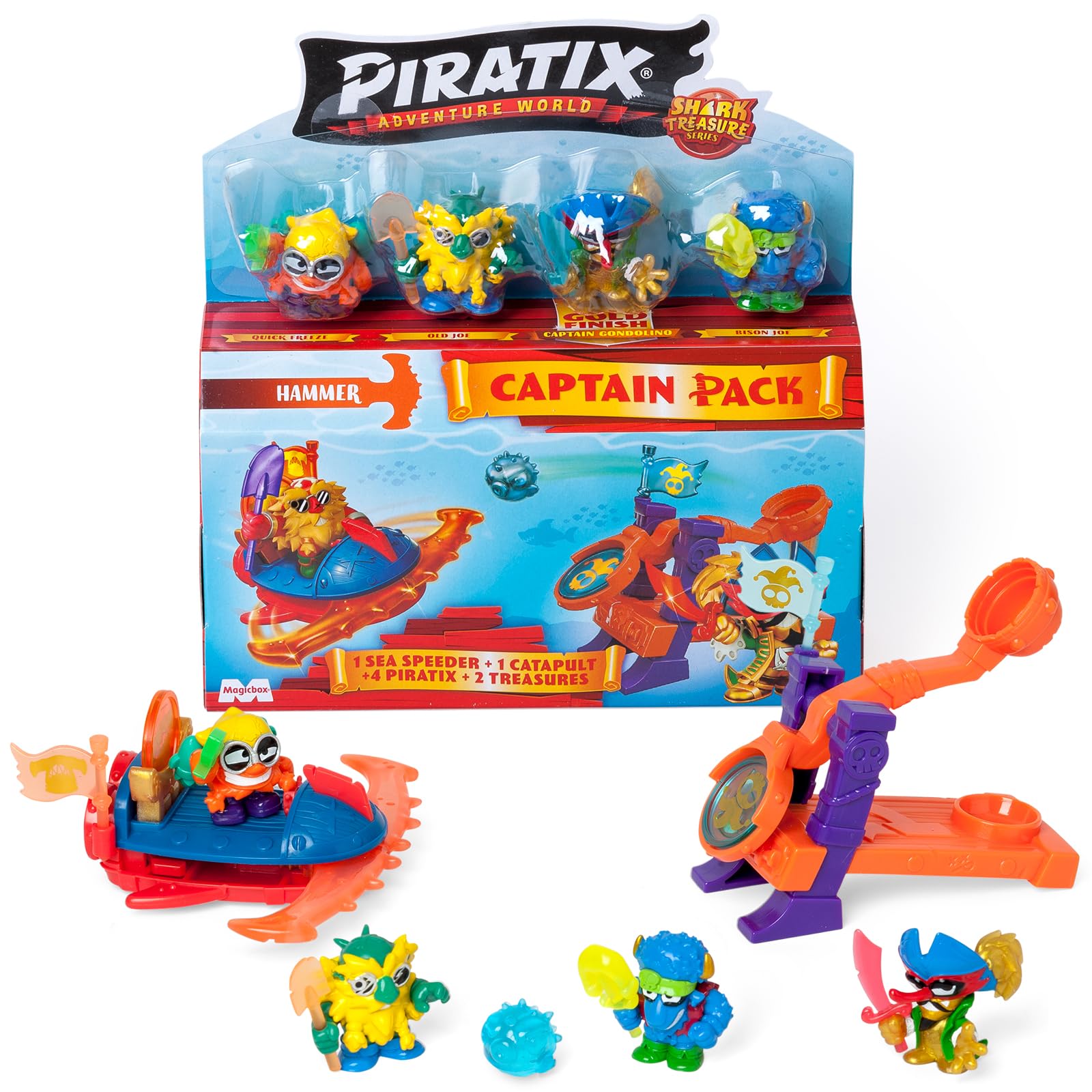 PIRATIX Shark Treasure Series –Captain Pack Gondolino.Includes 4 Piratix (1 golden captain),4 “crystal” accessories, Sea Speeder,Catapult, 2 flags and 2 treasures with crystal effect. Pack 6/6