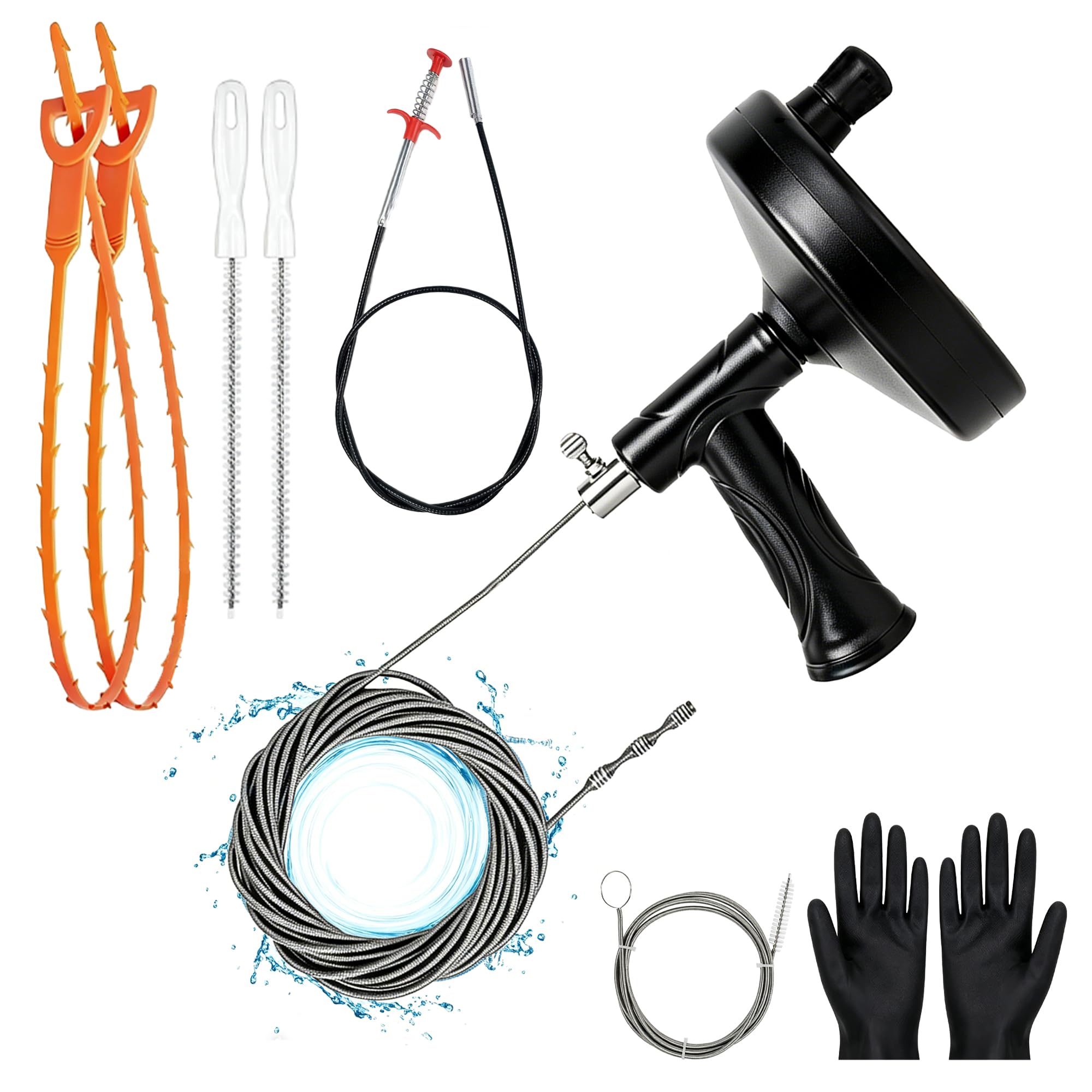 33 FT Drain Snake Auger, Heavy Duty Plumbing Snake with 8-Piece Set