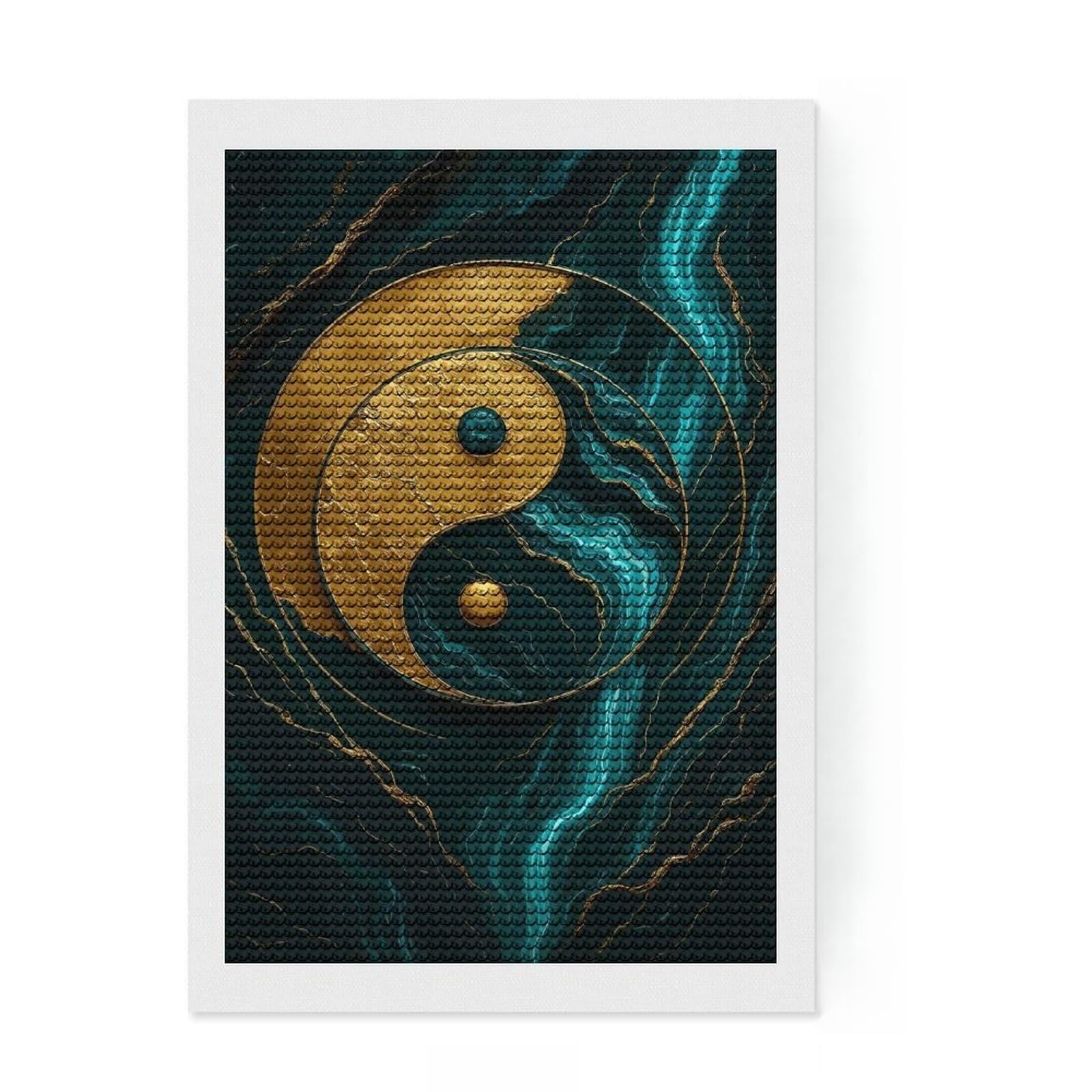 Junmoney Golden Yin Yang on Teal Marble Round Drill Diamond Painting 8"x12", for Adults, Stress Relief Craft, Artistic Hobby, Aesthetic Room Decor