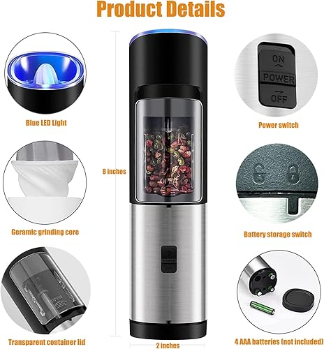 Miniatura 7 de DERGUAM Gravity - Molinillo eléctrico de sal y pimienta, molinillo automático de pimienta y sal de acero inoxidable, molinillo de sal con grosor