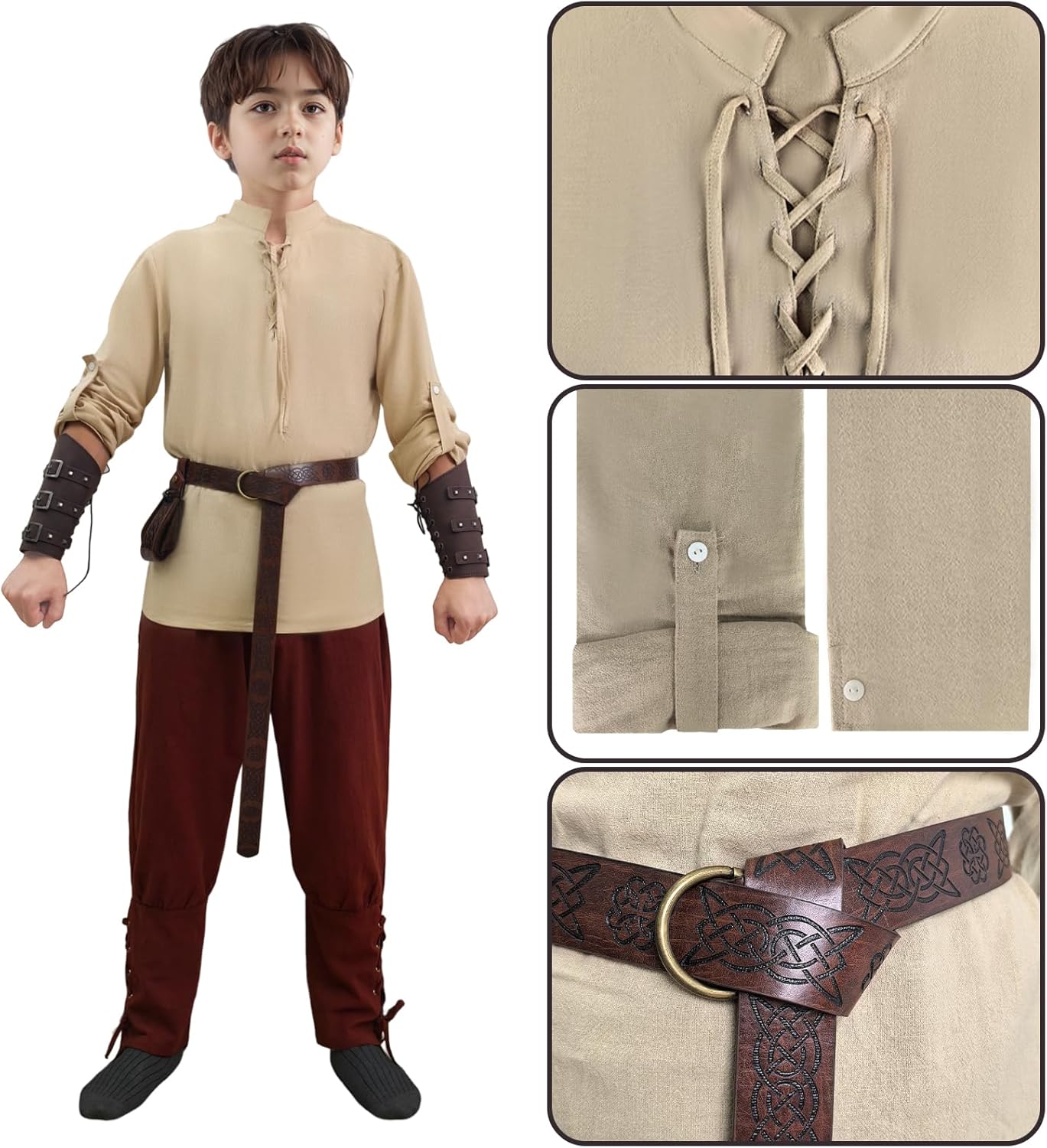 Medieval Viking Costume for Kids Halloween Pirate Outfit Set with Shirt Pants Belt Pouch Wrist Guards - Image 2