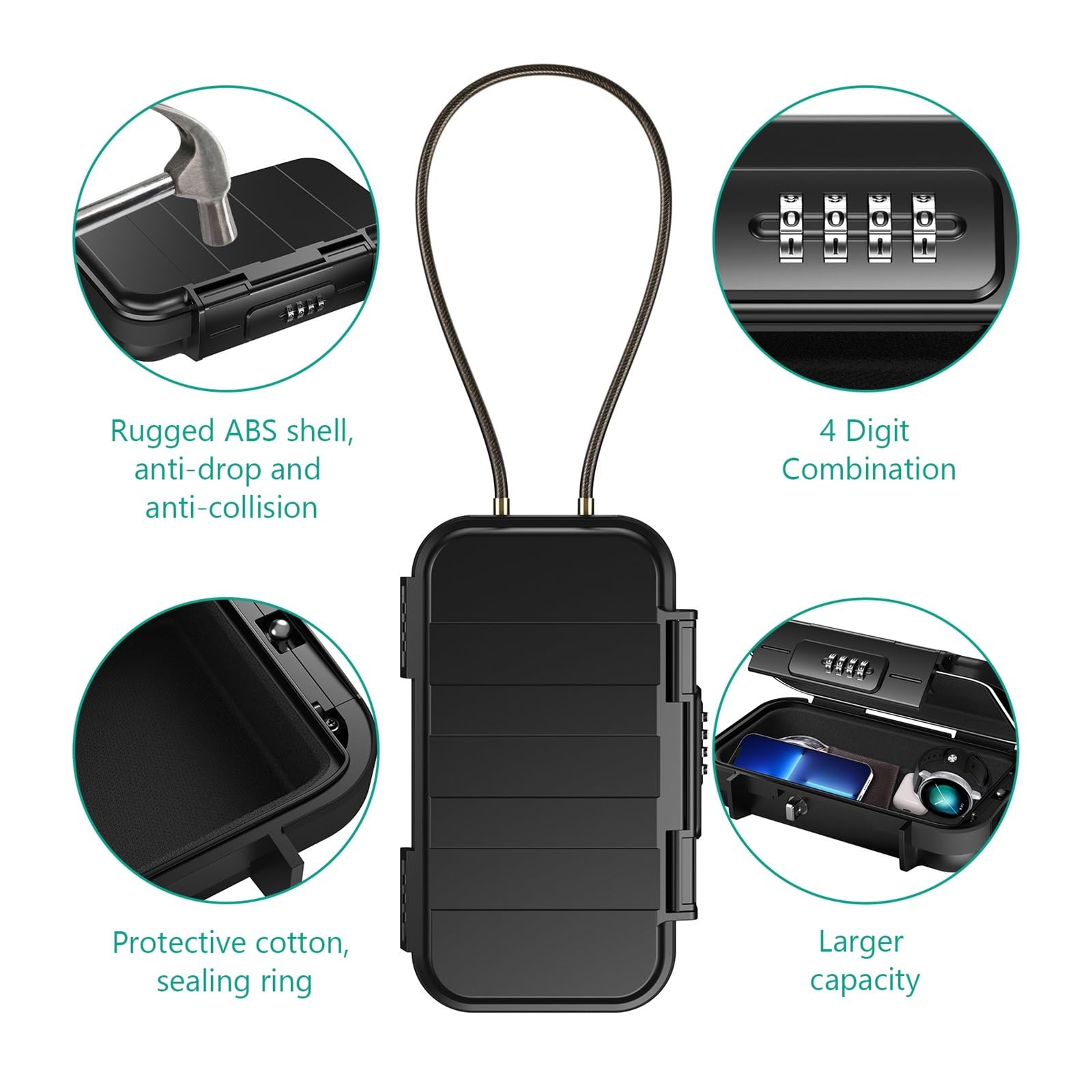 Caja fuerte portátil con cerradura combinada de 4 dígitos para llaves de seguridad para acampar al aire libre, senderismo, deportes y gimnasio, ligera y (gris)