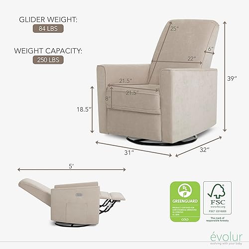 Miniatura 14 de Evolur Harlow - Asiento de felpa tapizado de lujo, giratorio, reclinable eléctrico con puerto USB, certificado Greenguard Gold, color beige