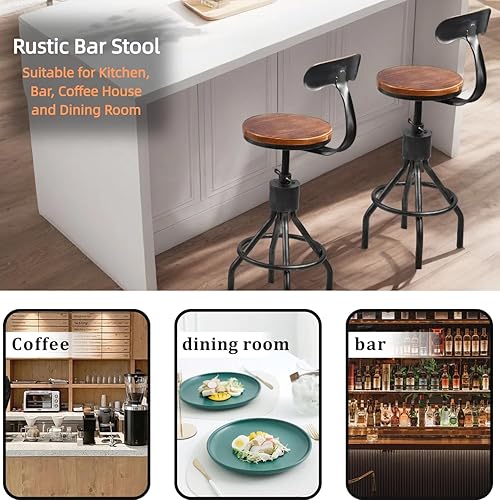 Miniatura 5 de Juego de 2 taburetes de bar vintage, silla giratoria industrial para cocina, comedor, altura de 23-33 pulgadas, con respaldo plateado,Negro -