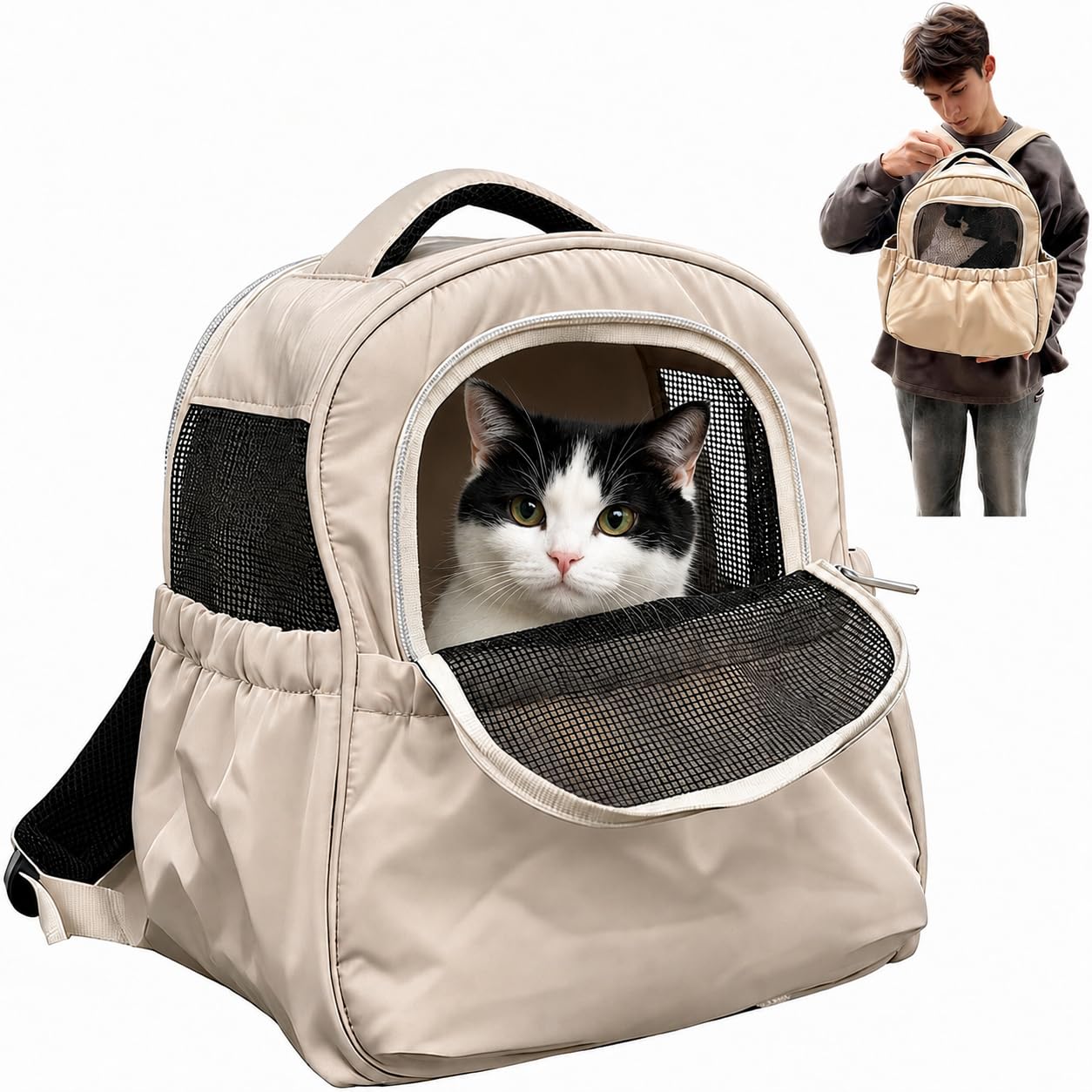 KatzenRucksack HundeRucksack für Kleine Haustiere bis 4 kg - Atmungsaktive & Faltbare Hundetasche, Tragbare und Leichte Katzentasche, mit Netzfenster Haustier Transportboxen (Beige)