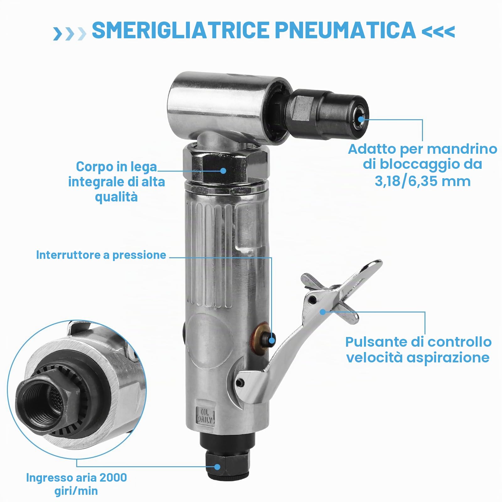 LALAGO Set di smerigliatrici ad aria compressa a 90°, smerigliatrice orbitale, smerigliatrice angolare, levigatrice ad aria compressa con disco di sabbia corindone da 50 mm, valvola ad aria 80 rete