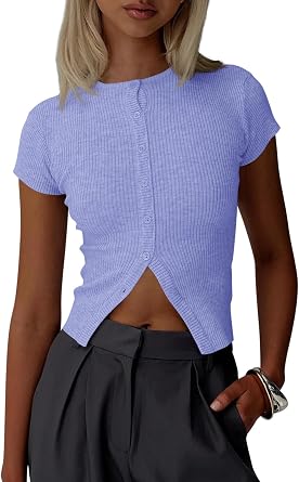 Imily Bela Womens Short Sleeve Y2K Summer Tops Button Down Tshirt Ribbed Knit Slim Fit Sweater Cropped Cardigan