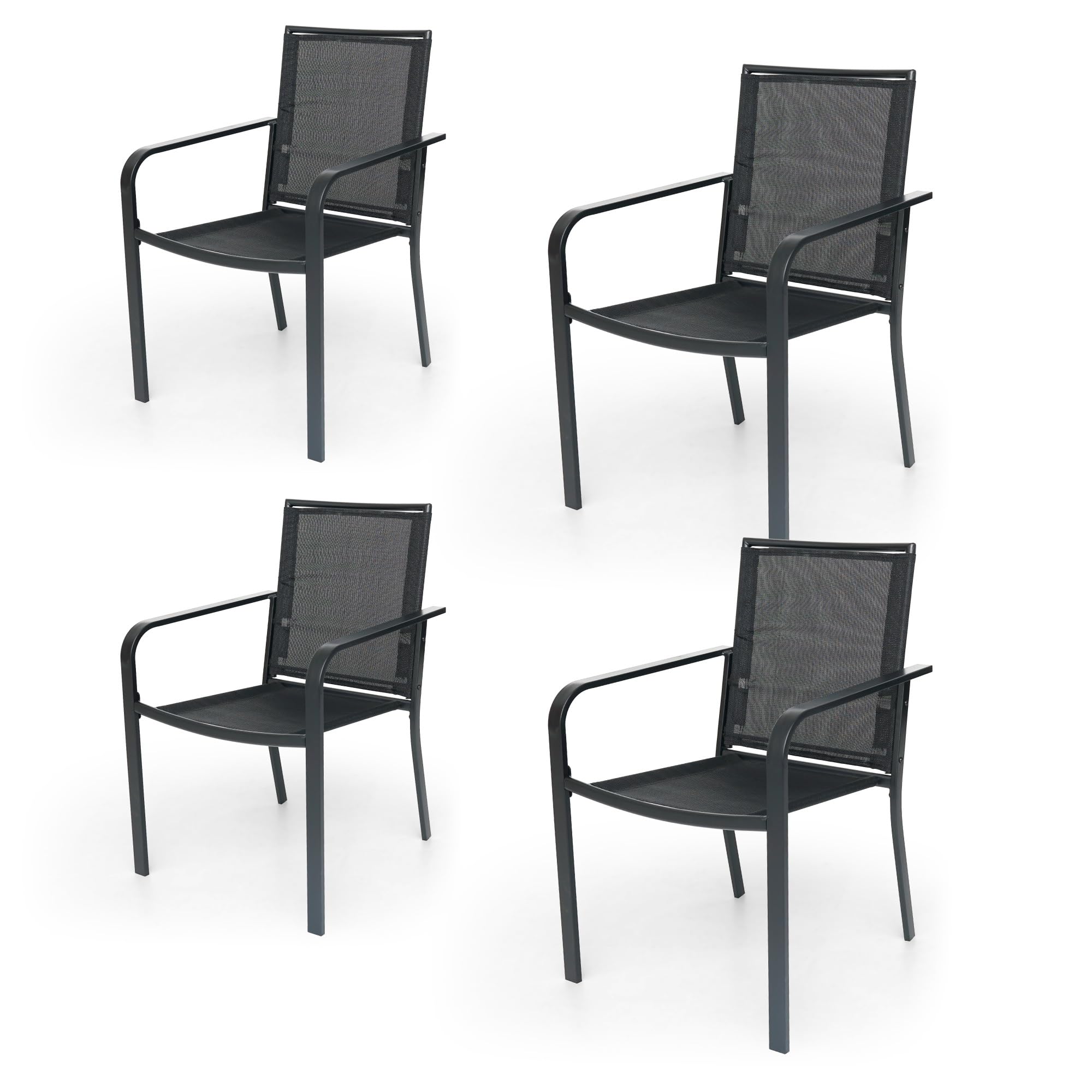 Anmutig Stackable Outdoor Dining Chairs Set of 4, Black Metal Frame with Mesh Fabric, Lightweight 9 lbs, Wide Seat, All Weather Dining Set for Lawn,