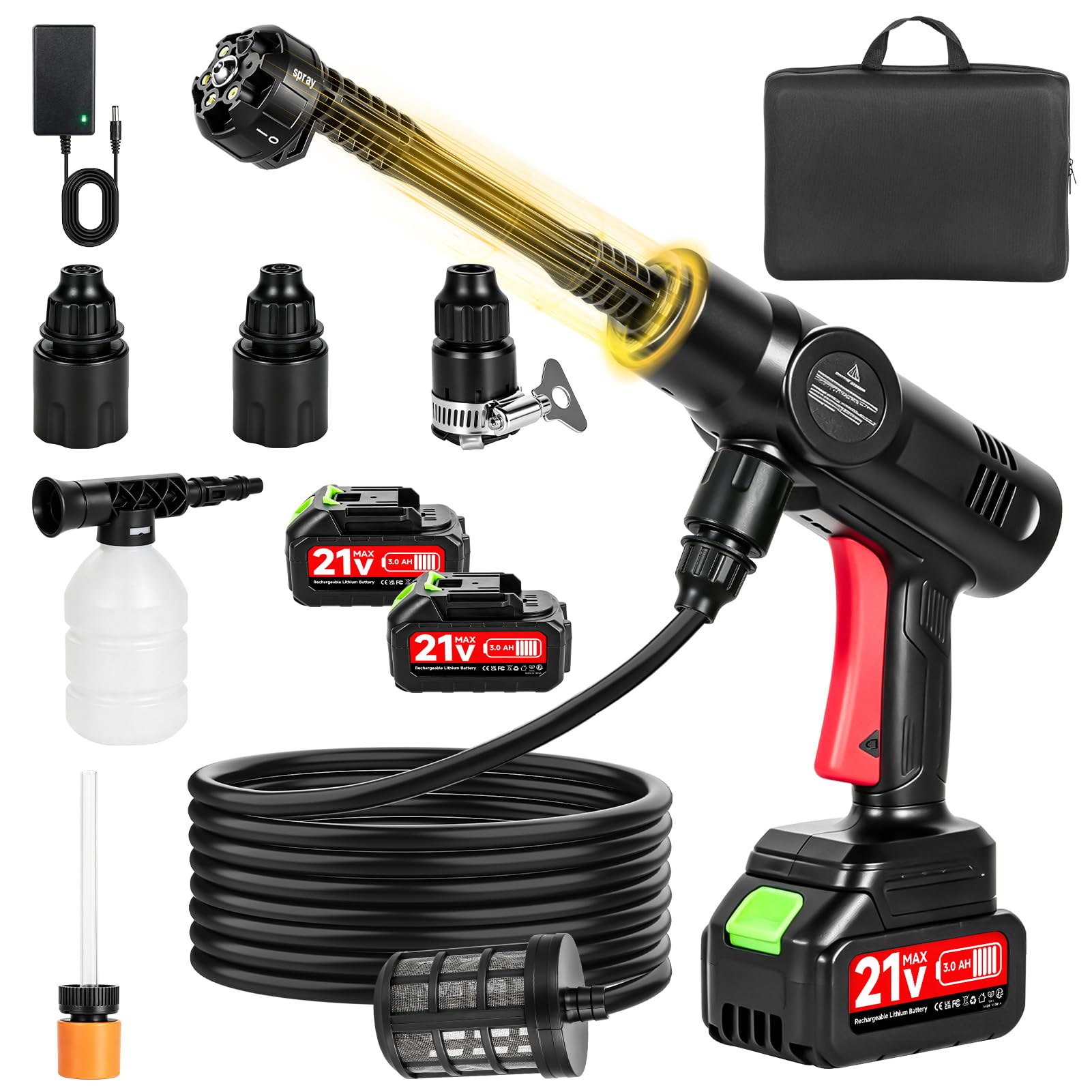 Portable Jet Washer Cordless With Air Bag, 6-in-1 Adjustable Spray Nozzle High Pressure Power Washer – 80 Bar (1160PSI), 2×3000mAh Rechargeable Battery, 16.5 ft Hose – for Cars, Gardens & Watering