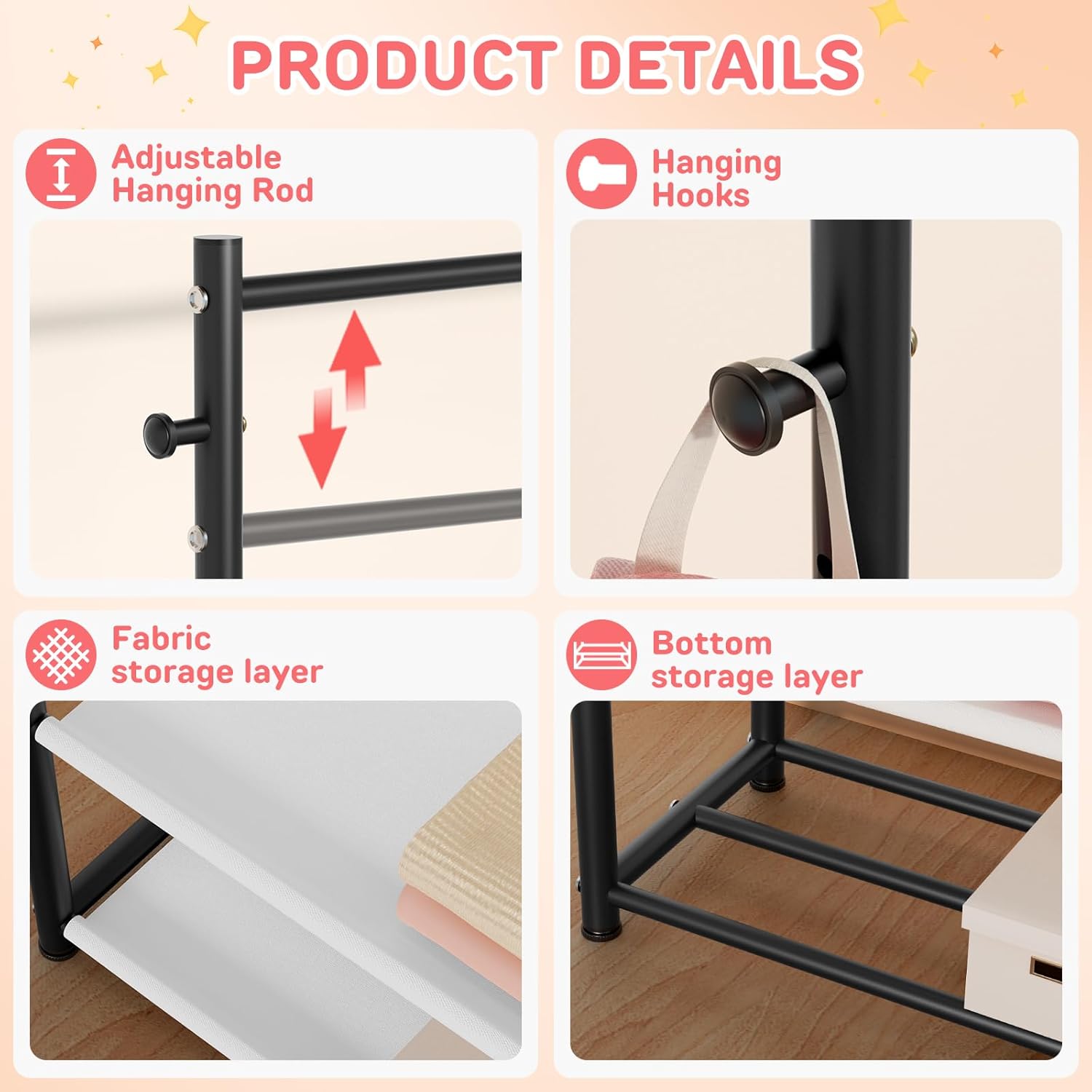 Kids Clothing Rack with 2-Layer Storage Shelf and 2 Adjustable Hanging Rods,Dress Up Rack for Hanging Clothes,Dress up Storage for Baby Toddle Kids(Classic, Black)