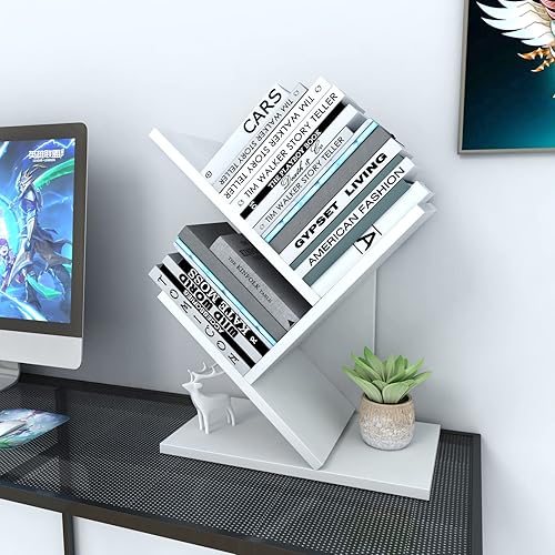 Miniatura 12 de Godferyxin Estantería de árbol, estantería pequeña de madera de 3 niveles y mini estantería para oficina, hogar o escuela, estante de escritorio